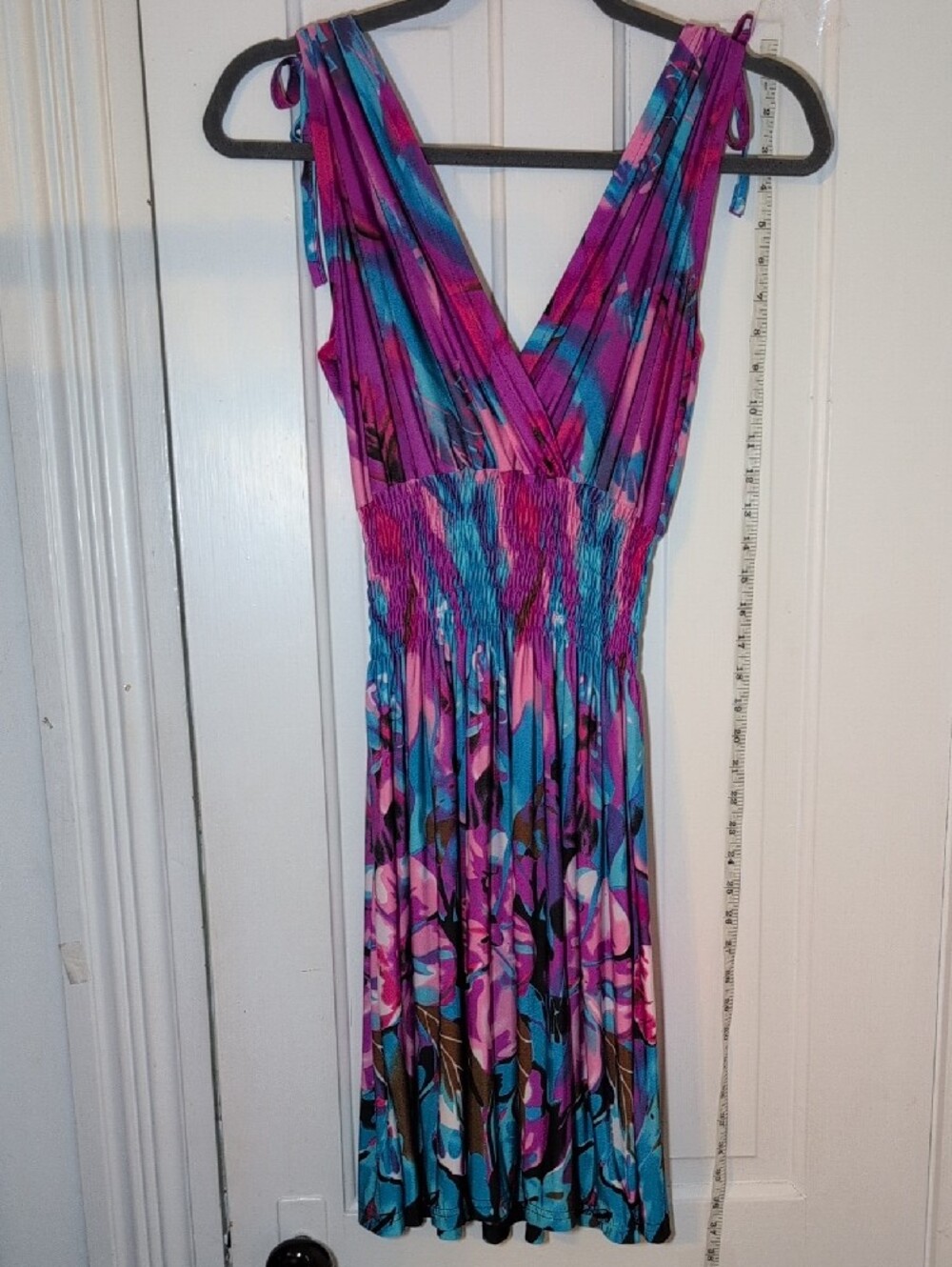 Purple & Teal Floral Midi Dress with Smocked Waist - Picture 3 of 5